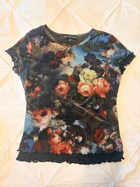 Almost Famous Floral Print Short Sleeve Top - Black Multi SIZE: MEDIUM